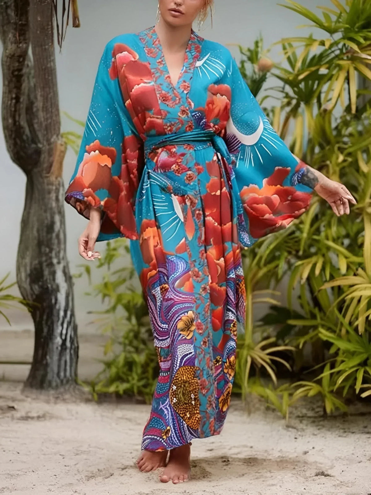 Boho Queens Women Star Floral Print Bat Sleeve Beach Bohemian Kimono Dresses Robe Ladies V Neck Summer Bikini Cover-up - Matrix Studios