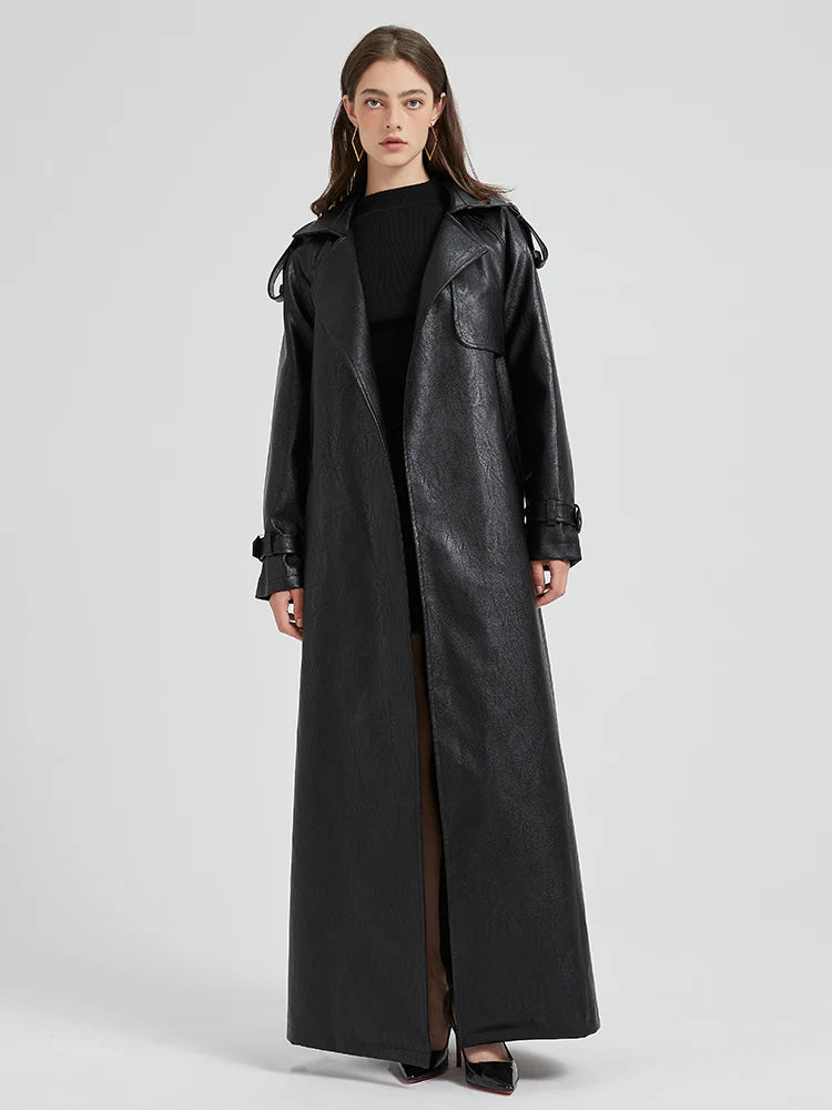 Lautaro Spring Autumn Extra Long Brown Pu Leather Trench Coat for Women Sashes Luxury Chic Overcoat Runway European Fashion 2024 - Matrix Studios