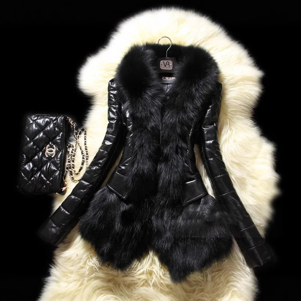 Autumn Women Faux Fur Coat Jacket Large Size 2025 Female Slim Fit Zipper PU Leather Fluffy Patchwork Short Winter Warm Outerwear - Matrix Studios