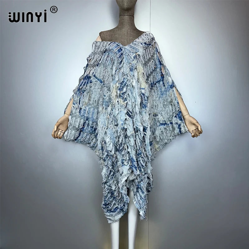 WINYI Original V Neck Print Denim Sexy Short Dress with Holes New Fashion Africa Womens Party Holiday Casual Maxi Beach Dress - Matrix Studios