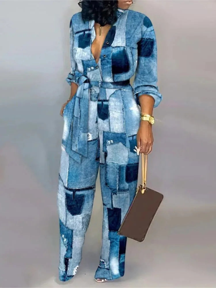 Women Fashion Letter Print Long Sleeve Jumpsuit Spring Button One Piece Overalls Streetwear Autumn Elegant Office Lady Playsuit - Matrix Studios