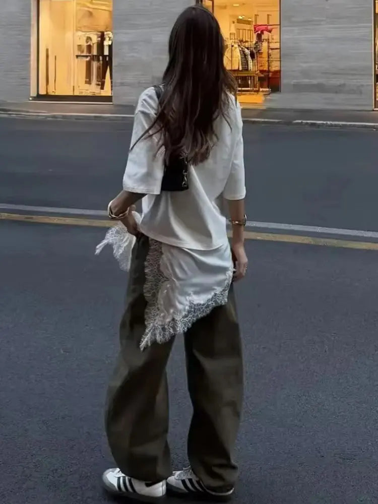 HH Women Vintage Solid Lace Patchwork T-Shirts Asymmetrical Hem O Neck Short Sleeve Shirt 2026 Trend High Street Lady Chic TEES - Matrix-studios.com