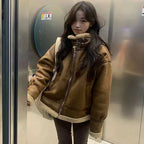Korean Style Female Luxury Coats Zipper Fly Turtleneck Thick Warm Women Cashmere Fur Jacket Zipper Fly Pu Leather Patchwork Coat - Matrix Studios