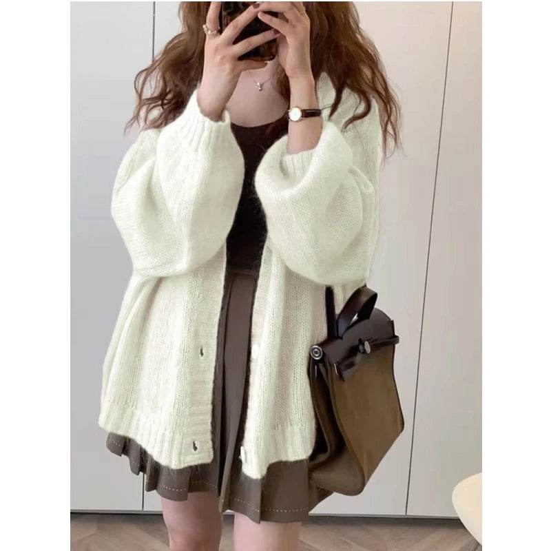 Autumn and Winter New Women's Solid Color Cardigan Sweater Fashion Casual Single-breasted Lantern Sleeve Sweater Jacket - Matrix Studios