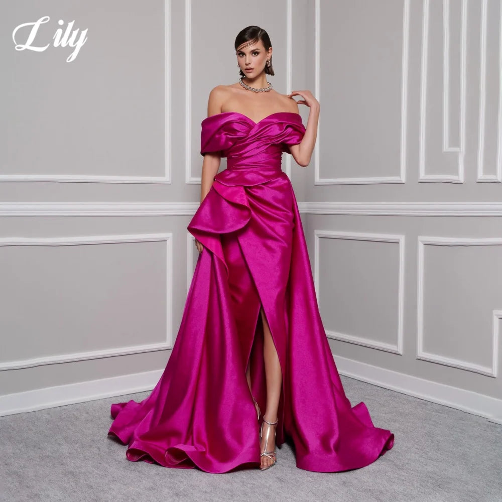Lily Red Elegant Prom Gown V-Neck Off the Shoulder Party Dress for Woman Satin Pleating Side Split Evening Dresses Customized - Matrix-studios.com