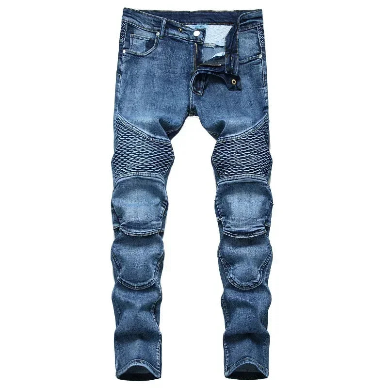Men's New Casual Motorcycle Jeans Hip Hop Street Riding Stretch Slim Fit Straight Pants Patchwork Fashion Denim Trousers Male - Matrix Studios