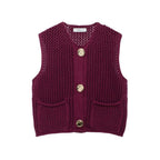 Women Fashion Sleeveless Coarse Needle Knitting Vest Sweater Female Chic Big Pockets Patch Buttons Cardigan Waistcoat Tops - Matrix Studios