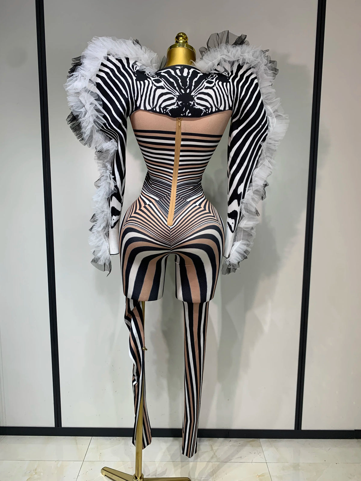 Women Long Sleeve Zebra Stripes Bodycon Jumpsuit Two Piece Set Birthday Party Nightclub Stage Performance Halloween Rompers - Matrix Studios