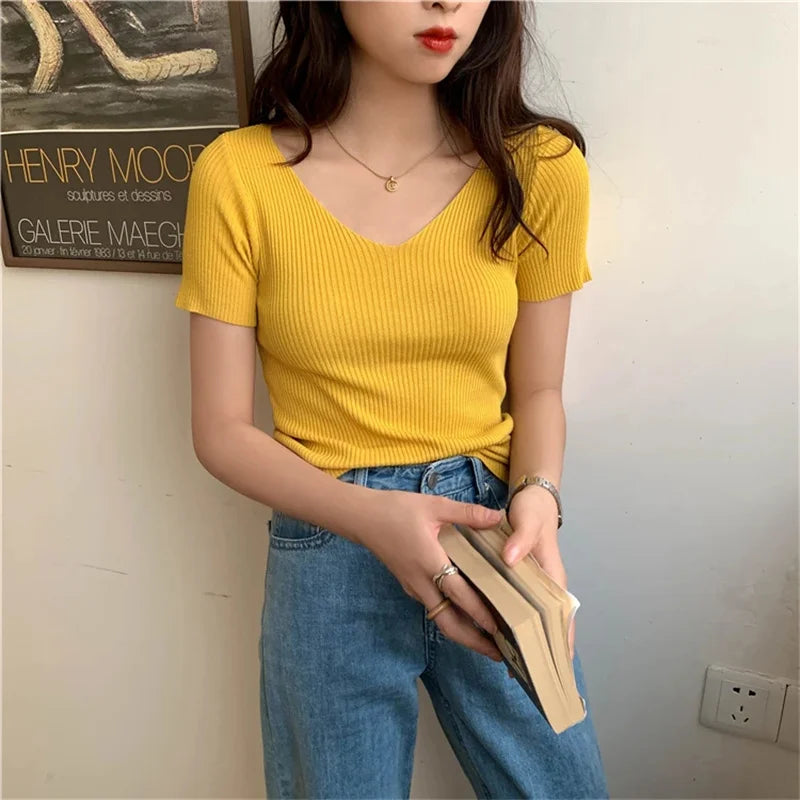 Basic V-neck Solid Thin Summer Pullover Women Female Knitted Ribbed Sweater Slim Short Sleeve Bodycon Sweater - Matrix Studios