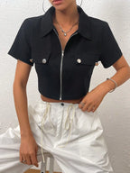 Women's Black POLO Collar Zipper Short T-shirt Cardigan Spring Summer 2025 Design Niche All-match Short Top for Casual Wear