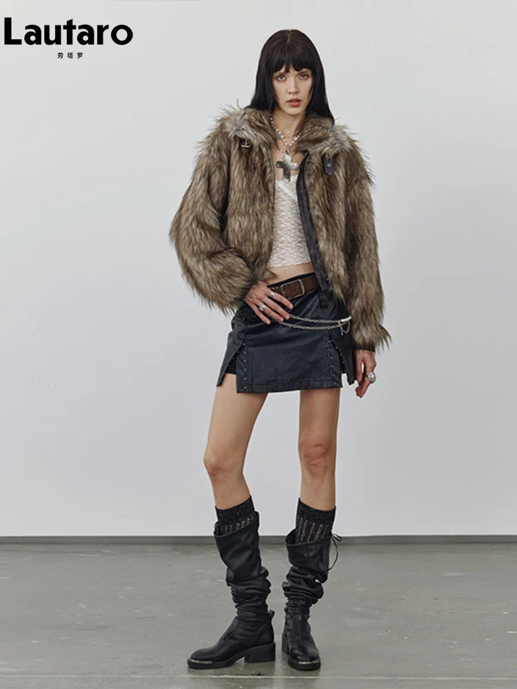 Lautaro Autumn Winter Short Warm Thick Hairy Shaggy Patchwork Faux Raccoon Dog Fur Coat Women Zipper Luxury Fluffy Jacket 2024 - Matrix Studios
