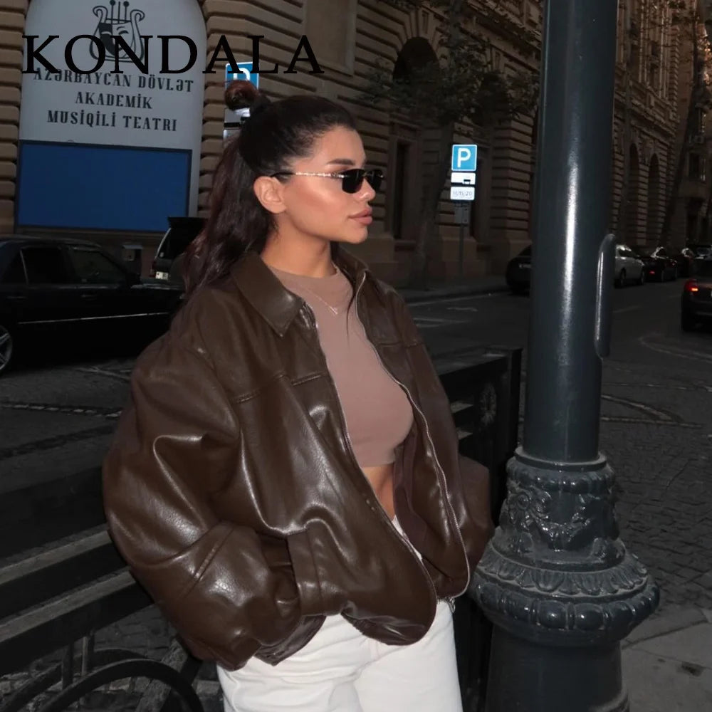 KONDALA 2026 Spring Summer Brown Business Casual Faux Leather Women Jackets Chic Valentine‘s Day Spliced Zipper Ladies Jackets - Matrix Studios