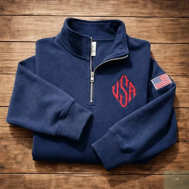 Y2K Navy Blue Quarter Zip Sweatshirt USA Embroidered American Flag Patch Jacket Men Women Vintage Streetwear Fashion Trend Top - Matrix Studios