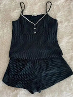 Strawberry Vest Shorts 2 Pieces Set Woman Eyelet Bow Slim Tank Top with Elastic Waist Patchwork Straight Short Pant Sweet Sets - Matrix-studios.com