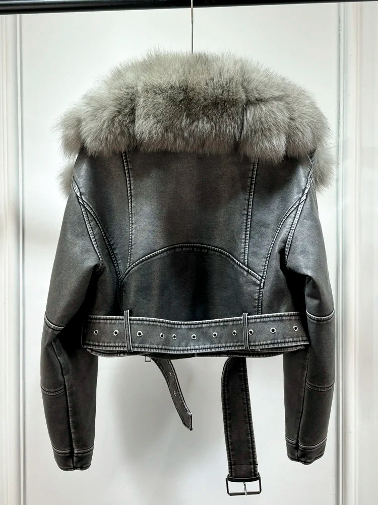 Lagabogy 2024 Big Real Fox Fur Women Vintage Pu Faux Leather Short Jacket With Belt Streetwear Female Zipper Retro Coat Outwear - Matrix Studios