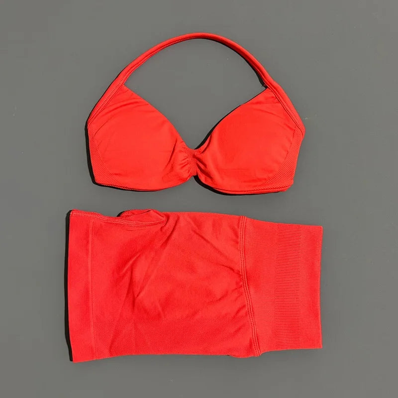HISTELLO Gym Set 2 Piece Women Strappy Yoga Bra Top Workout Scrunch Shorts Sports Suit Fitness Clothes Seamless Yoga Set - Matrix-studios.com