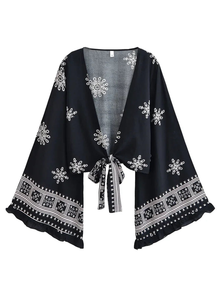 Boho Queens Women Wild Floral 2025 Short Bohemian Kimono Ruffles Flare Sleeves Vacation Beach Summer Bikini Boho Cover-ups - Matrix Studios