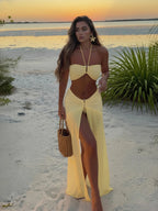 Neck 3 Piece Bikini Set with Sheer Split Maxi Skirt Sexy White Summer Beach Dress Vacations Outfits Pool Party Wear - Matrix Studios