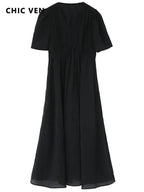 CHIC VEN Women Dresses French Style Vintage V-neck Puff Sleeve Long Dress Solid Black Loose Female Clothing Summer New 2023 - Matrix-studios.com