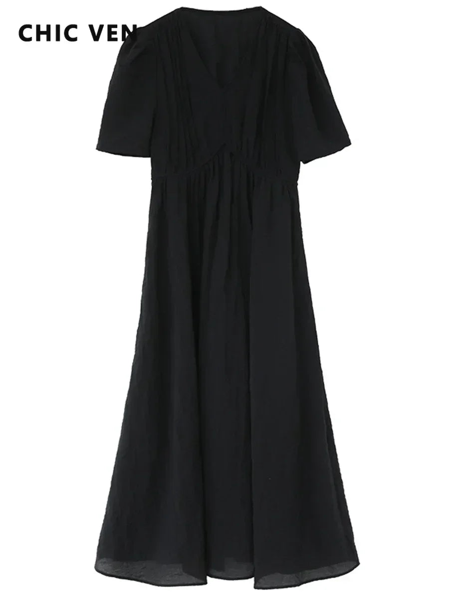 CHIC VEN Women Dresses French Style Vintage V-neck Puff Sleeve Long Dress Solid Black Loose Female Clothing Summer New 2023 - Matrix-studios.com