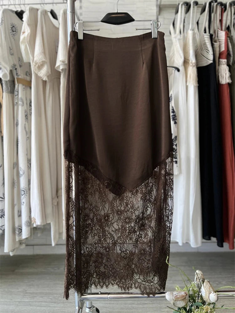 Trendix Women Patchwork Lace Skirts 2025 New High Waist Slim Hollow Out Maxi Skirts Autumn Brown Fashion Party Club Boho Skirt - Matrix-studios.com