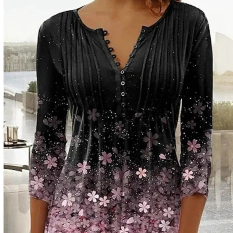 V-Neck Elegant Office Lady Blouses Tops Blusas 2024 Casual Trendy Summer Blouses Print Three Quarter Buttons Women Shirts S-3XL - Matrix-studios.com