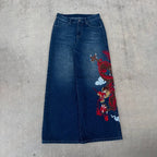 Dragon Graffiti Embroidery Dark Blue Loose Wide Leg Distressed Jeans Y2K High Waist Men Women Vintage Casual Daily Streetwear - Matrix Studios