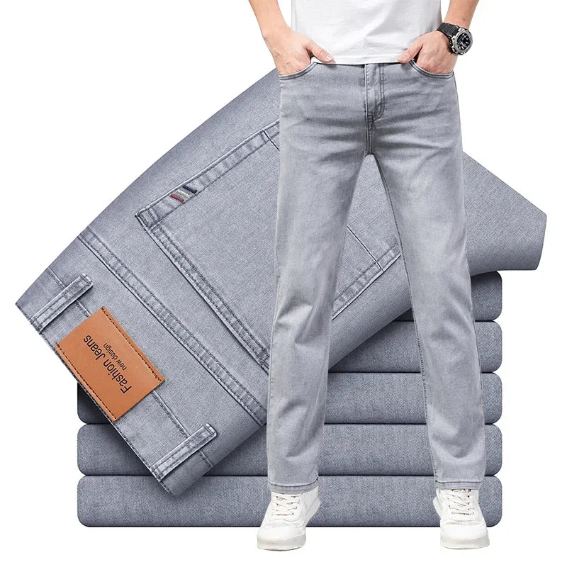 Summer Thin Men's Elastic Cotton Jeans Fashion Gray Comfortable Business Straight Casual Pants Brand Male Clothes Trousers - Matrix Studios