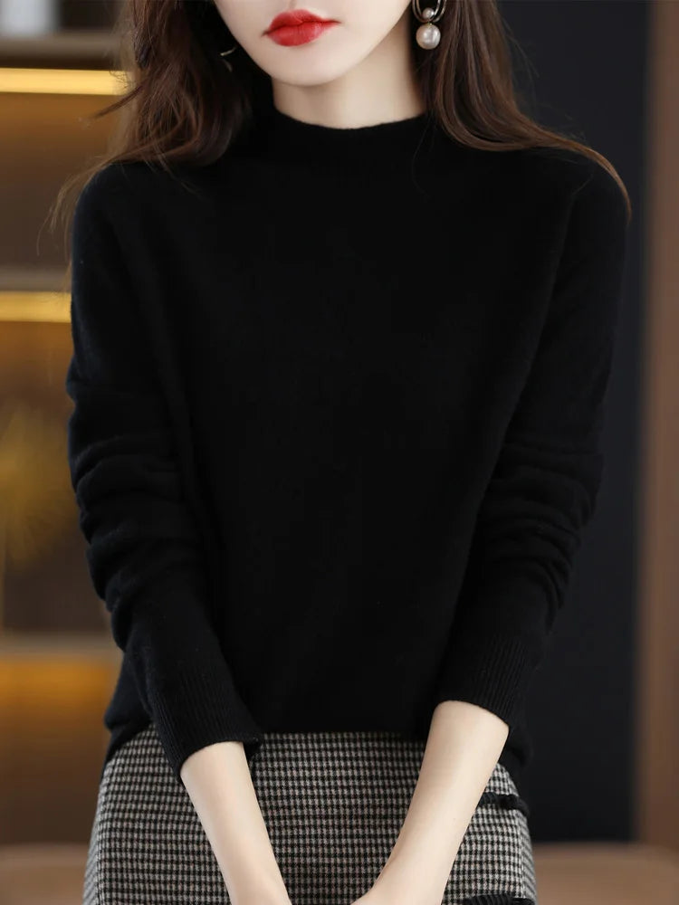Fashion 100% Wool Sweater Women's Mock-Neck Knitwear Cashmere Pullovers Autumn Winter Long Sleeve Jumpers Clothing Tops - Matrix Studios