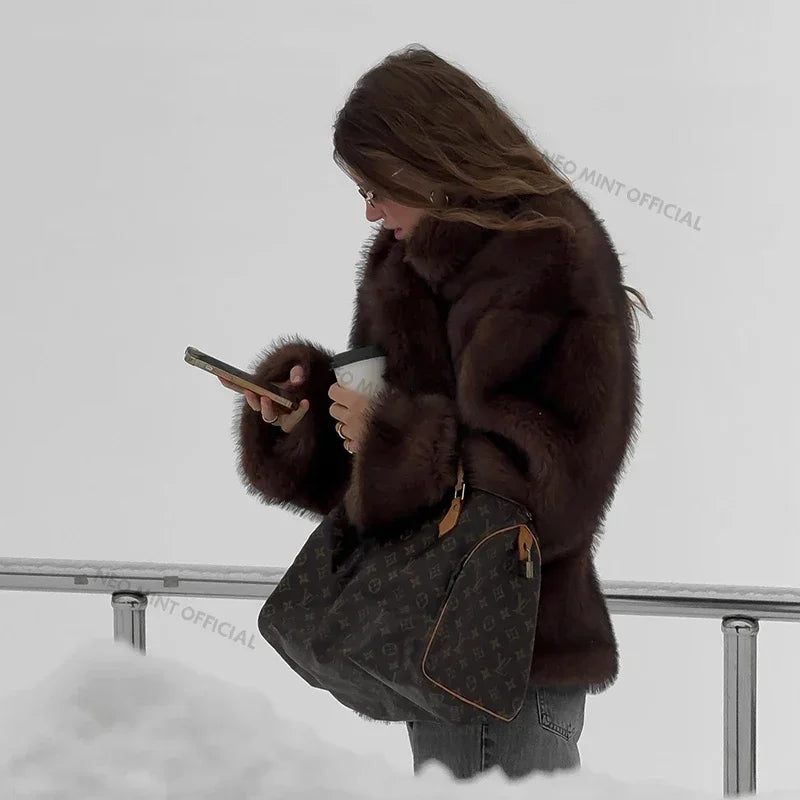 Neo Mint 2024 Winter Faux Fur Coat Women Brand Fashion Fluffy Fox Fur Outerwear Overcoat Girl Street Style Furry Warm Jacket - Matrix Studios