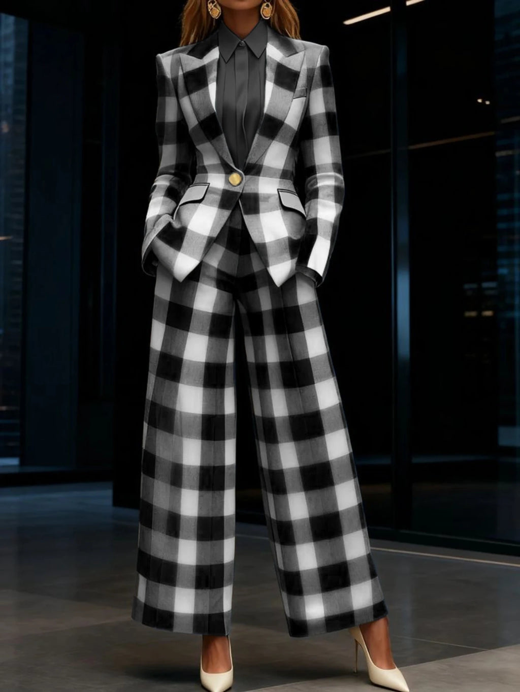 Plaid Print Lapel Single Button Blazer And High Waist Wide Leg Pants Two Piece Formal Business Matching Suit For Women Office Outfit Set - Matrix-studios.com