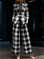 Plaid Print Lapel Single Button Blazer And High Waist Wide Leg Pants Two Piece Formal Business Matching Suit For Women Office Outfit Set - Matrix-studios.com