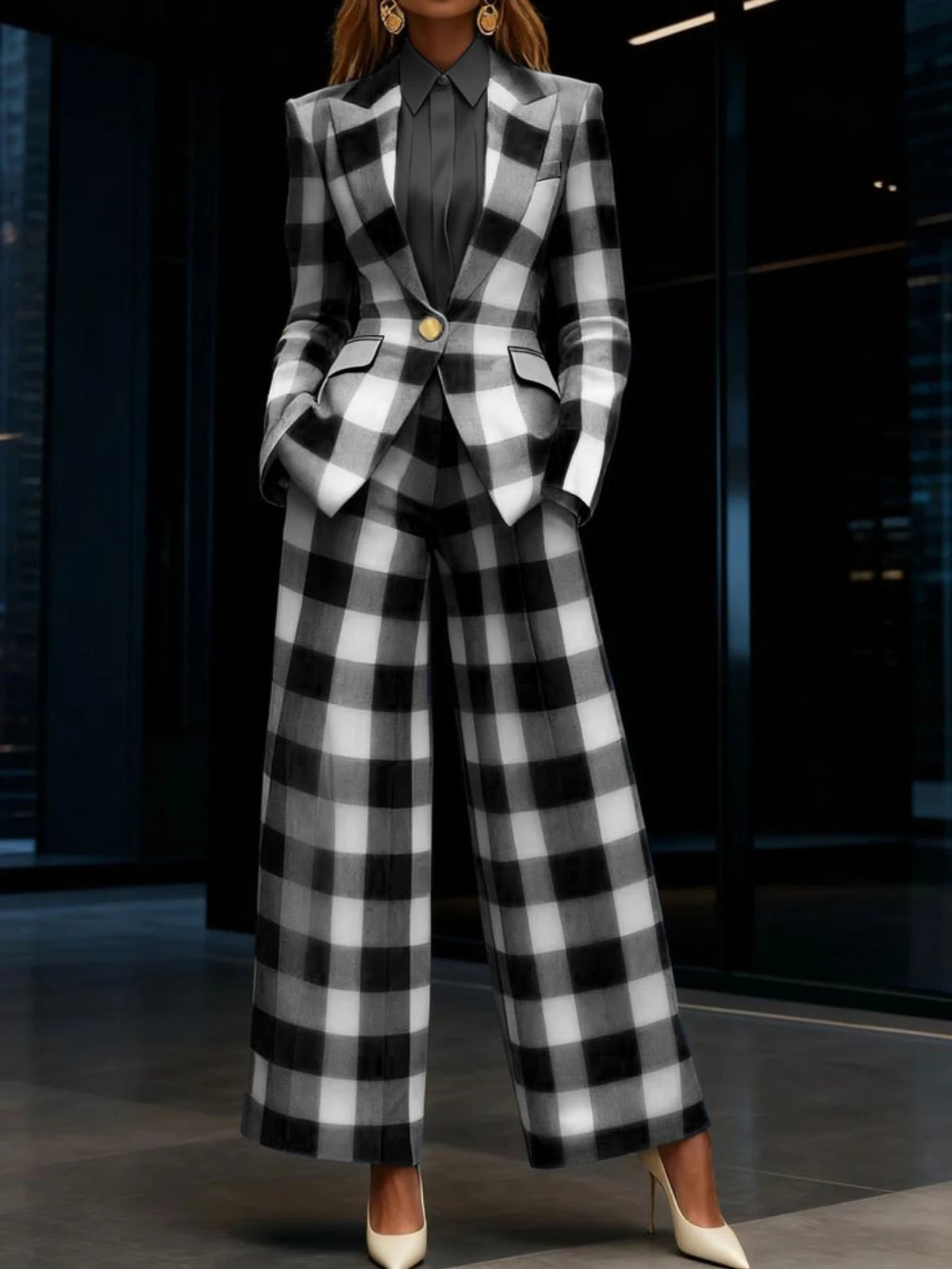 Plaid Print Lapel Single Button Blazer And High Waist Wide Leg Pants Two Piece Formal Business Matching Suit For Women Office Outfit Set - Matrix-studios.com