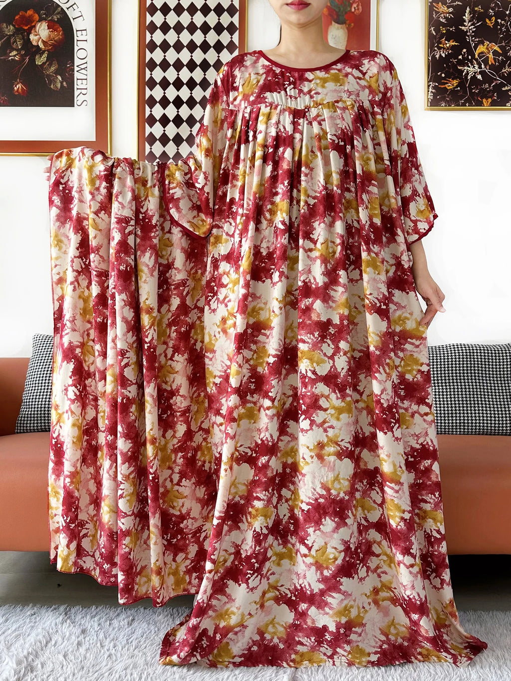 2025 New Loose Floral Dress Short Sleeve Cotton Women Abaya with Big Scarf Boho Maxi Dress Casual Fashion Dress African Vestidos - Matrix-studios.com