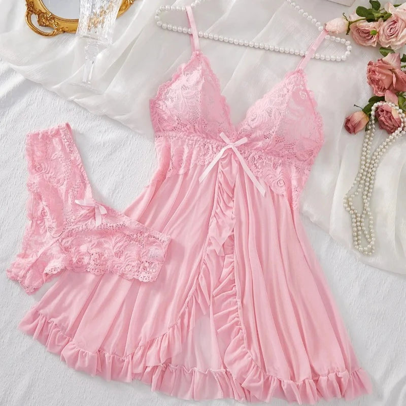 Sexy Lingerie Set Women Erotic Bra Nightdress Sexy Lace Sleepwear Solid Slim Soft Dresses V Neck Full Slip Sleepwear & Dresses - Matrix-studios.com