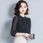 Women Spring Autumn Style Chiffon Blouses Shirts Lady Casual Long Sleeve O-Neck Polka Dot Printed Chiffon Blusas Tops DD8879 - Matrix-studios.com