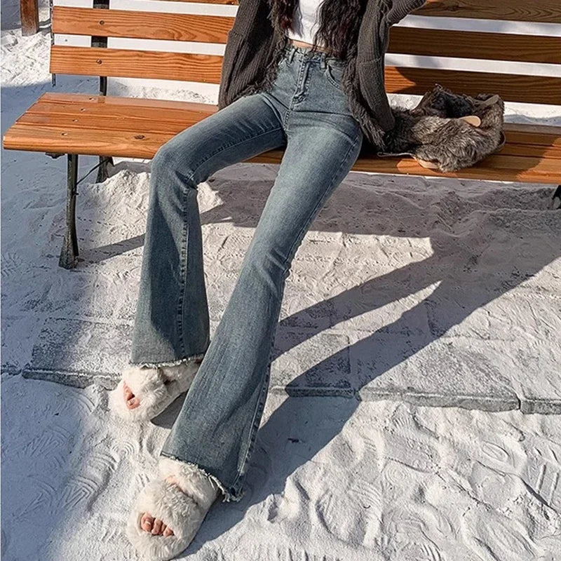 2024 Woman High Waist Vintage Flare Jeans Female Gothic Elastic Bell Bottom Pants Lady Streetwear Blue Black Grey Denim Trousers - Matrix-studios.com
