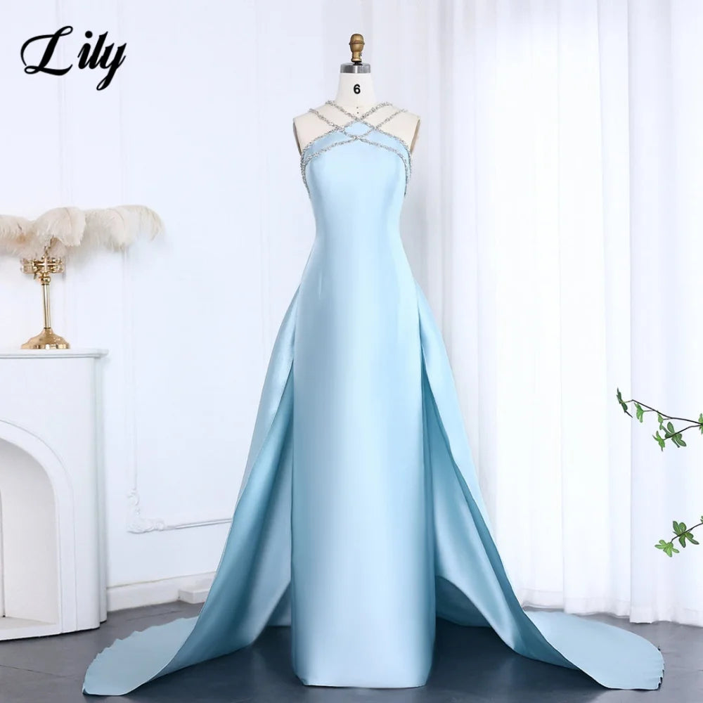 Lily Light Blue Prom Dress Shiny Beading Halter Party Dresses Stain  Sleeveless Celebrity Gowns with Detachable Tail Customized - Matrix-studios.com