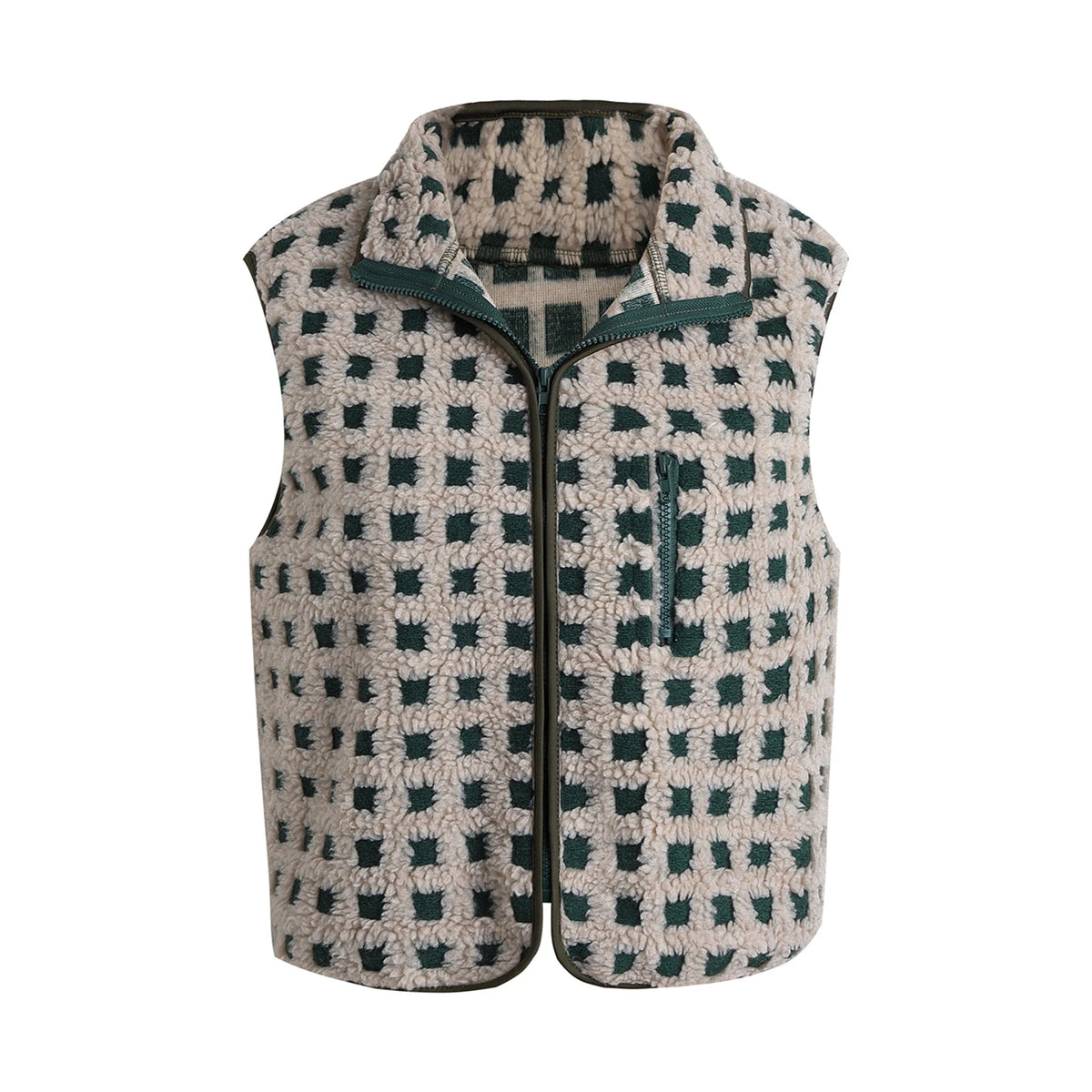 Women’s Fuzzy Checkered Vest Sleeveless Stand Collar Zip Up Vest Jacket Loose Spring Fall Warm Outwear - Matrix Studios