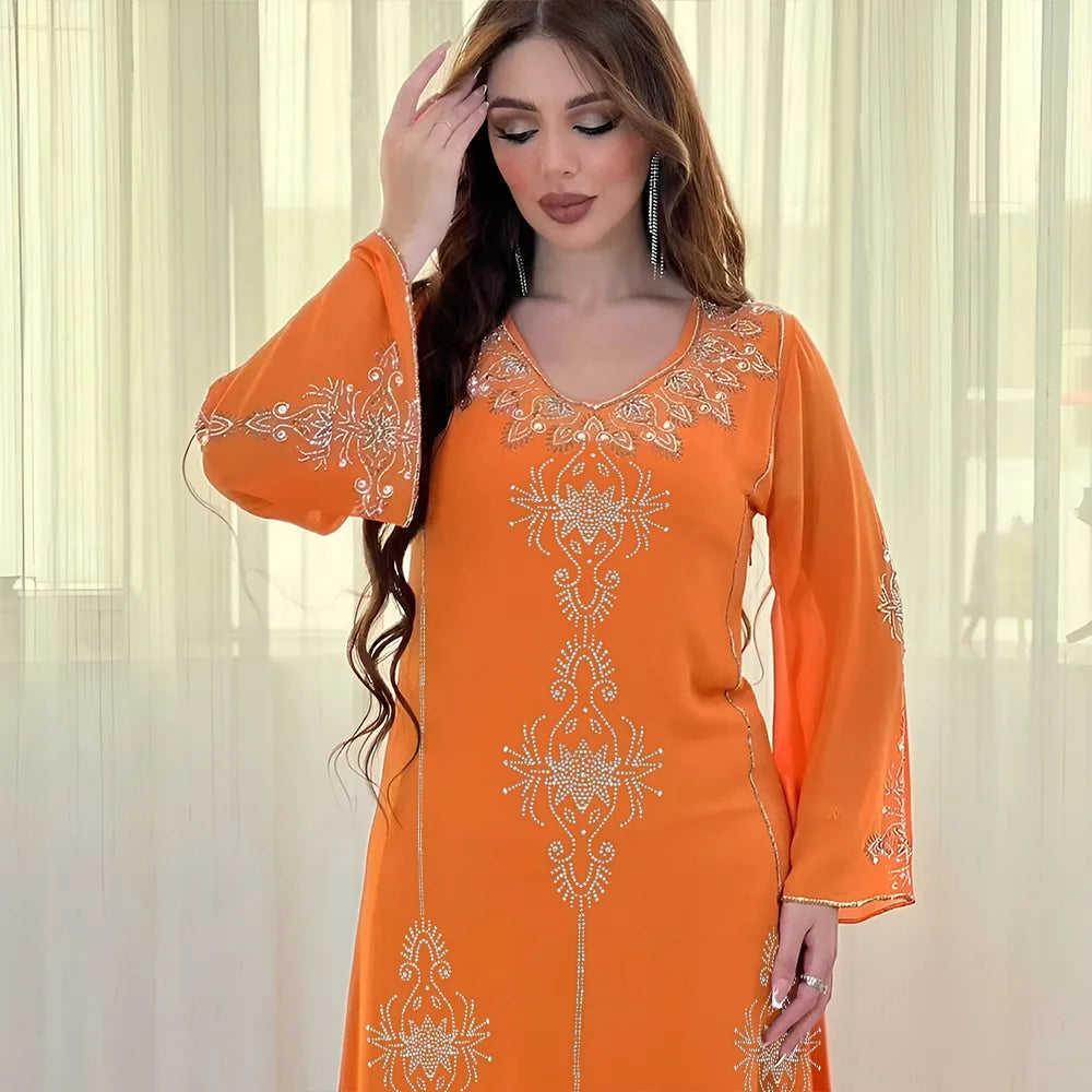 Polyester Muslim Abaya for Women Summer Elegant Orange Blue Pink Green Muslim Women Long Sleeve V-neck Polyester Long Abaya - Matrix-studios.com