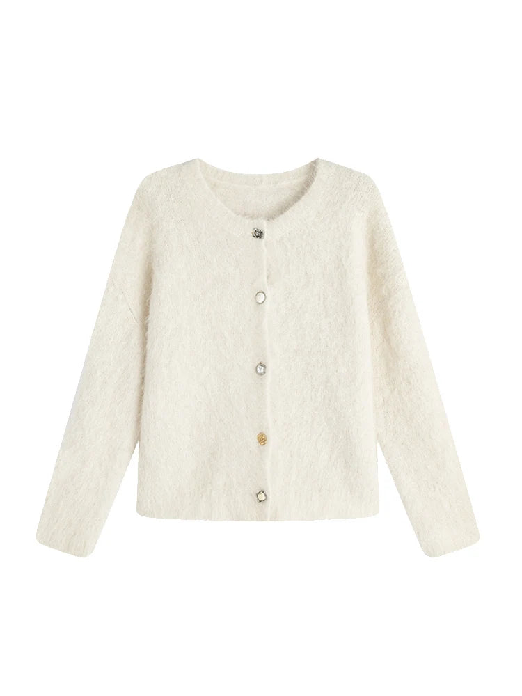 SuyaDream, Women Cardigans, 78%Alpaca, O Neck, Single breasted Solid Sweaters, 2025 Fall Winter Warm Jackets, White, Grey, Pink - Matrix Studios