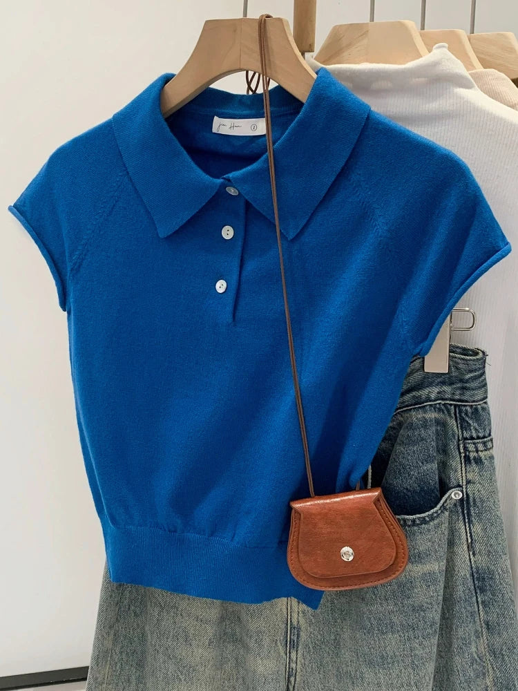 2026 New Summer Navy Polo Collar Women T-Shirt Fashion Solid Color Short Sleeve Knit Top Unique Chic Casual Tee - Matrix-studios.com