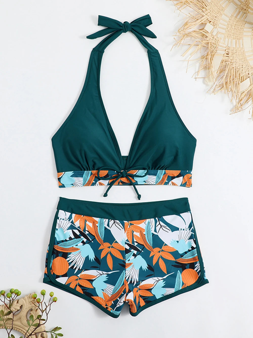 15 Colors Swimwear Women Two-Piece Suit Patchwork Halter Bikini Top With High Waisted Boxer Bottom College Sporty Surfing Suit - Matrix-studios.com