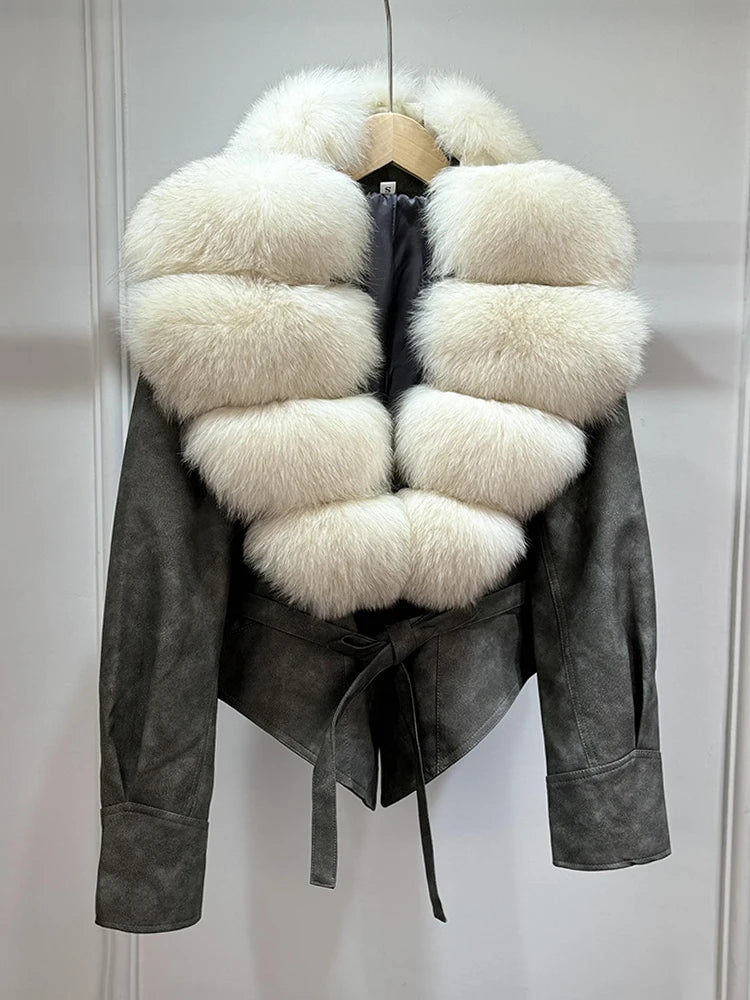 Janveny Huge Big Natural Fox Fur 2025 New Autumen Winter Pu Faux Leather Jacket Women Casual Female Lapel Zipper Motorcycle Coat - Matrix Studios