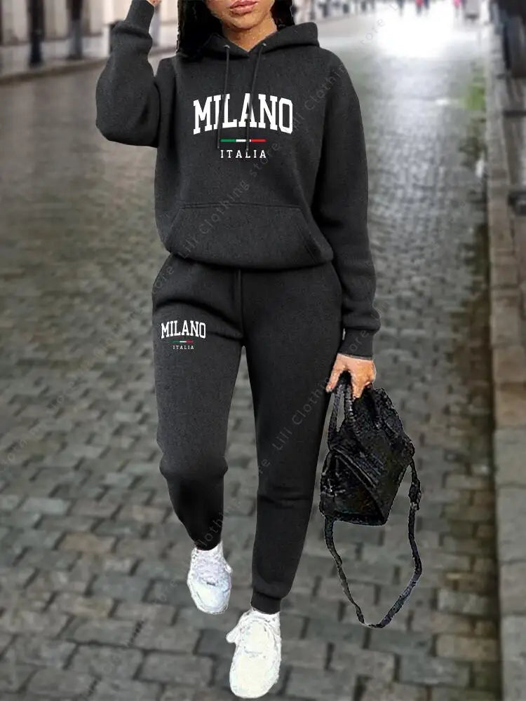 MILANO Pants Sets for Women Clothing High quality Sweatshirt Sweatpant Hoodie Suit 2 Piece Autumn Winter Outfits Woman Tracksuit - Matrix-studios.com
