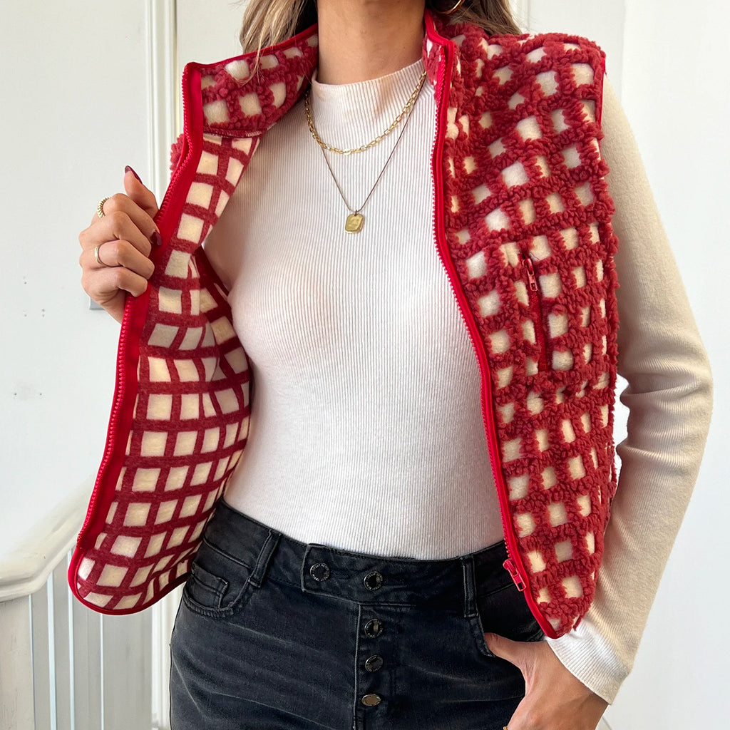 Women’s Fuzzy Checkered Vest Sleeveless Stand Collar Zip Up Vest Jacket Loose Spring Fall Warm Outwear - Matrix Studios
