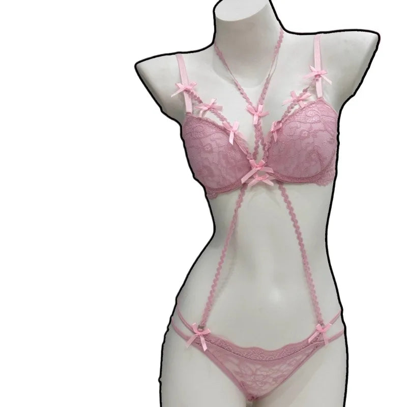 Aesthetic Purple Bow Necklace & Bra Set - Low Saturation Matching Lingerie, Push Up Bra & Adjustable Necklace for Women MOYISU - Matrix-studios.com