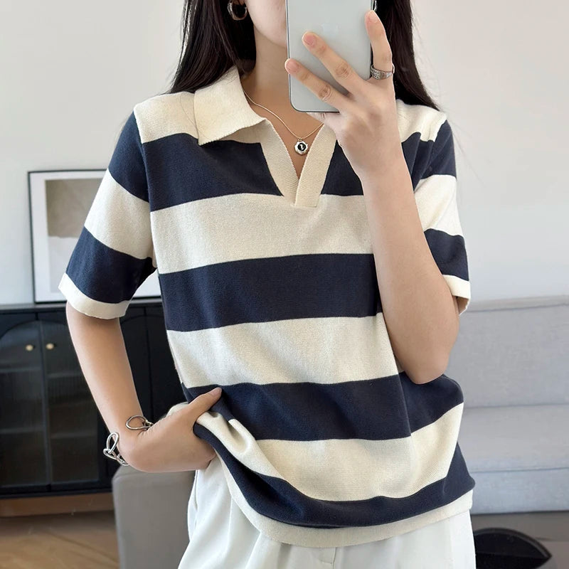 WinvyNee Summer Half Sleeved Women's Solid Polo Shirt Casual Cotton Striped Top T-shirt Women Clothing Casual Knitted A1002022 - Matrix-studios.com