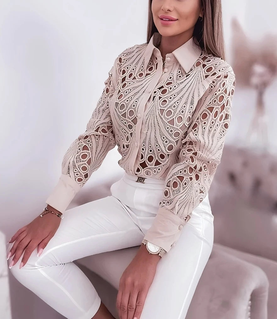 Women's Blouses Hollowed Out Long Sleeved Shirt Casual Solid Button Up With Lapel And Open Front Camisas Femininas - Matrix-studios.com