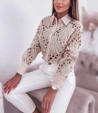 Women's Blouses Hollowed Out Long Sleeved Shirt Casual Solid Button Up With Lapel And Open Front Camisas Femininas - Matrix-studios.com